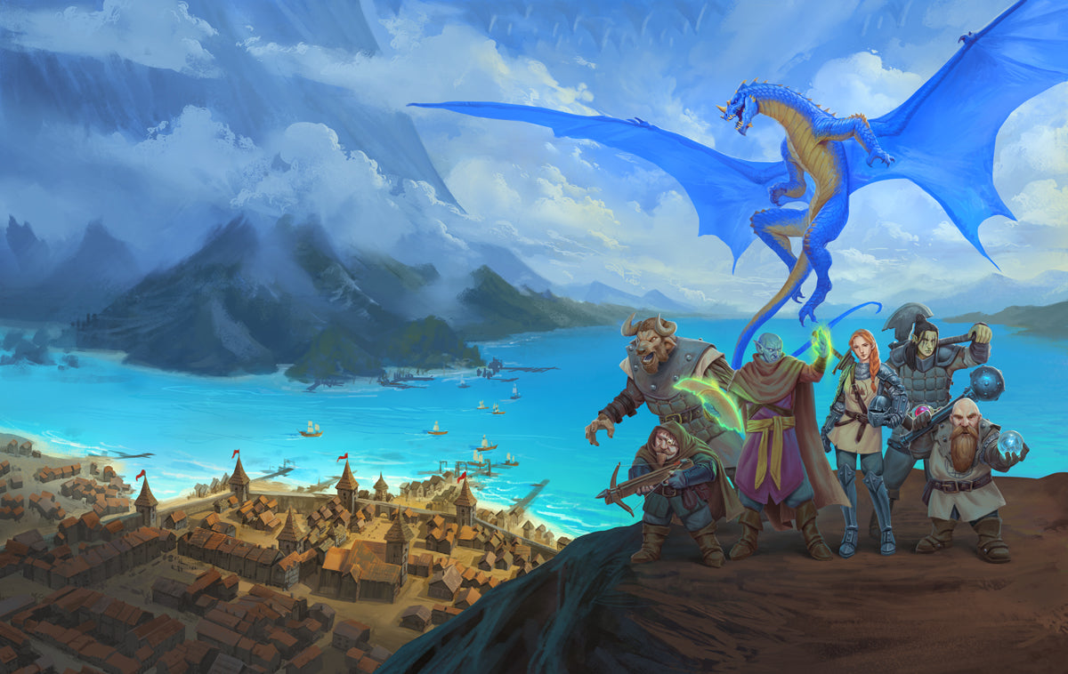 Fantasy scene with characters and a dragon overlooking a coastal town.